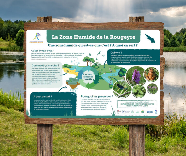 Panneau d'information sur la zone humide de La Rougeyre réalisé par Oyopi